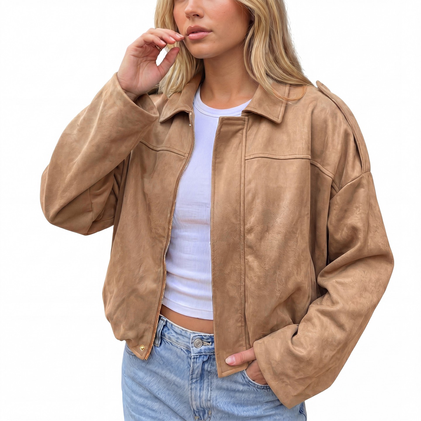 Женская куртка INSPIRE CHIC Cropped Faux Suede Lapel Batwing Sleeve Zip Up Bomber Outerwear Jacket M Khaki, цвет: Хаки — фото 1