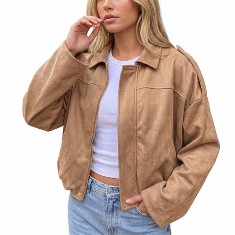 Женская куртка INSPIRE CHIC Cropped Faux Suede Lapel Batwing Sleeve Zip Up Bomber Outerwear Jacket M Khaki, цвет: Хаки