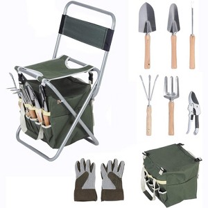 VYNXARIA 9 PCS Garden Tools Set Ergonomic Wooden Handle Sturdy Stool with Detachable Tool Kit Perfect for Different Kinds of Gardening - 1 of 4