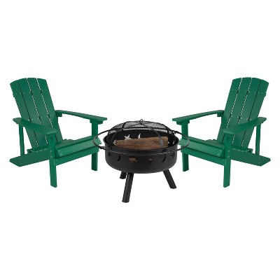Emma and Oliver Three Piece Hartford Camping Set with Two Faux Wood Adirondack Chairs and Star and Moon Fire Pit with Mesh Cover