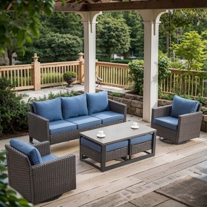 POCASSY 6 Pieces Patio Furniture Set, Steel Frame Brown Wicker Outdoor Furniture with 3-Seater Sofa Swivel Patio Chair Coffee Table and Ottoman - 1 of 4