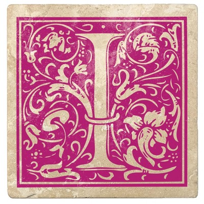 Christmas by Krebs 4pc Ivory and Tutti Frutti Pink Alphabet "I" Square Monogram Coasters 4"