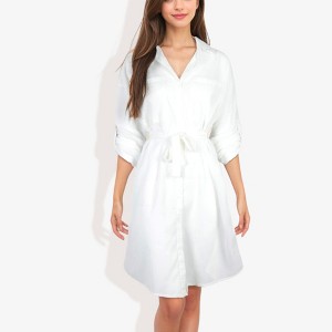 Anna-Kaci Women's Button Down Collar Neck Large Pocket Detail Scoop Hem Long Cuffed Sleeve Dress-Medium, White - 1 of 4