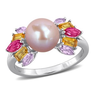 EVERLY JEWELRY | Sterling Silver 7.5-8mm Pink Cultured Freshwater Pearl and 1 1/3 CT TGW Multi-Gem Floral Ring - 1 of 4
