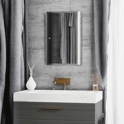 Alilang 15.80 Inch Wall-Mounted Mirror Cabinet with Adjustable Shelves and Sleek Minimalist Design-Silver