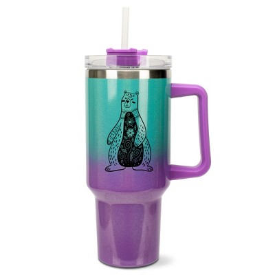 Elanze Designs 40 Ounce Ombre Travel Tumbler With Straw and Lid Stainless Steel Double Wall Insulated Whimsical Floral Bear Teal and Purple Glitter