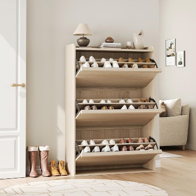 Shoe Cabinet with 3 Flip Drawers, Wooden Shoe Organizer Cabinet with Adjustable Shelf, Shoe Storage for Entryway, Hidden Shoe Cabinet