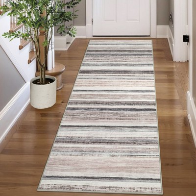 Modern Runner Rug 2x6 Washable Striped Accent Carpet with Non-Slip Backing, Stain-Resistant Low Pile Hallway Rug, Foldable Contemporary Floor Cover