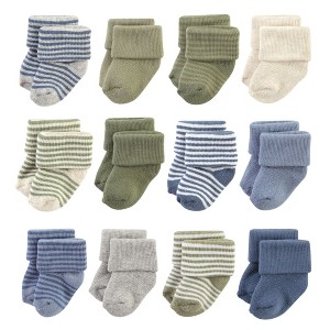 Hudson Baby Infant Boy Cotton Rich Newborn and Terry Socks, Blue Sage Stripe - 1 of 4