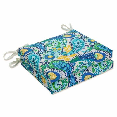 Set of 2 Outdoor/Indoor Squared Corners Seat Cushions Amalia Paisley Blue - Pillow Perfect