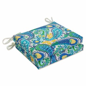 Set of 2 Outdoor/Indoor Squared Corners Seat Cushions Amalia Paisley Blue - Pillow Perfect - 1 of 4