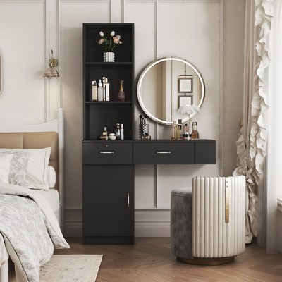 Modern Vertical Dressers,Wooden Dresser With Drawers And Open Shelves,Hair Desk With 3 Round Holes,Vertical Dresser For Bedroom-Cuddlewood
