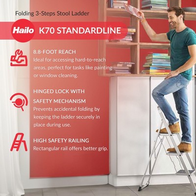 Hailo 3-Step Aluminum Folding Ladder with Non-Slip Black Steps
