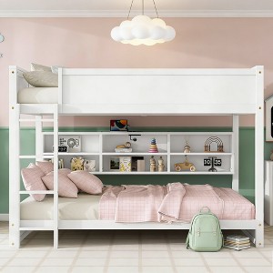 Luxystar Queen Over Queen Wood Bunk Bed with Built-in Storage Cabinets,Charging Station,Ladder and Safety Guardrails - 1 of 4