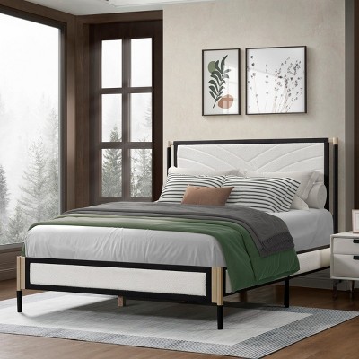 White Full/Queen Boucle Bed Frame Black Metal Bed Frame With Boucle Fabric Headboard,Box Spring Not Required-Cuddlewood