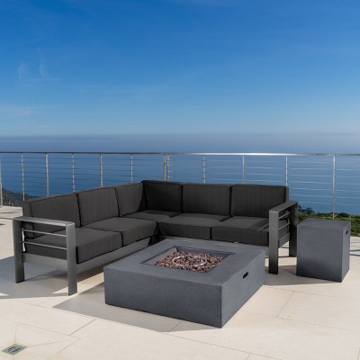 Christopher Knight Home Cape Coral Outdoor Aluminum 5 Seater Sectional Sofa Chat Set with 50000 BTU Fire Pit