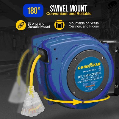 Goodyear 40' Blue Retractable Extension Cord Reel with LED Triple Tap