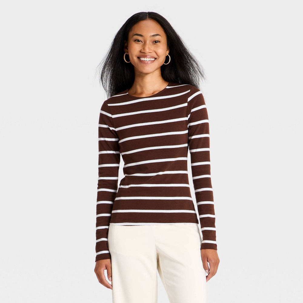Women's Refined Ribbed Top - A New Day™ Brown Striped XS