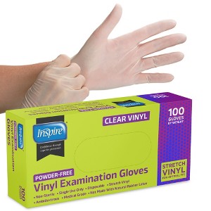 Inspire Stretch Vinyl Exam Clear Gloves, Quality Vinyl Medical Cleaning Gloves Disposable Latex Free - 1 of 4