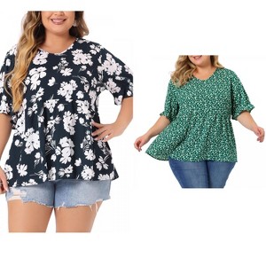 Women's Plus Size 2 Pieces Floral Pleated V Neck Ruffle Short Sleeve Casual Tiered Babydoll Blouses - Agnes Orinda - 1 of 4