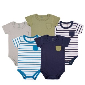 Hudson Baby Infant Boys Cotton Bodysuits 5pk, Basic Pocket - 1 of 1