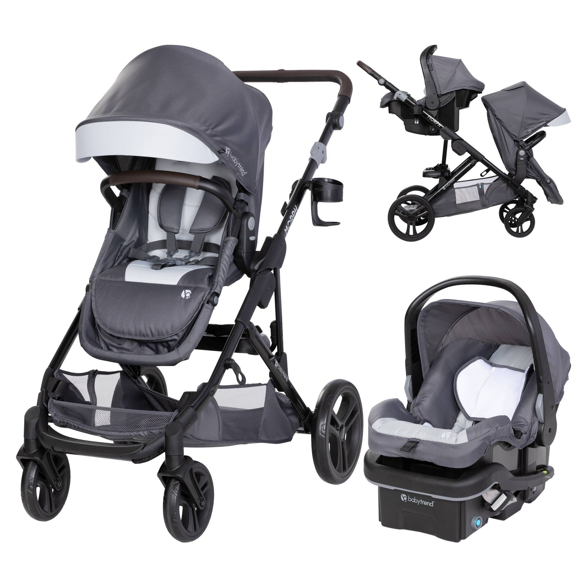 Baby Trend Morph Single to Double Modular Stroller Travel System - Dash Gray: Metal Frame, 4-30 lbs Car Seat, 8" Front Wheels