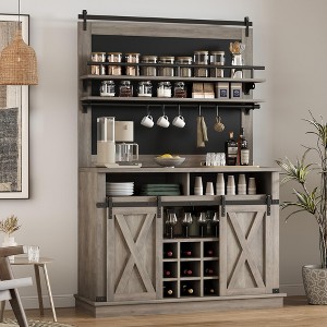 Coffee Bar Cabinet, Farmhouse Buffet Cabinet with Storage, 75" Tall Bar Cabinet Kitchen Buffet Sideboard with Sliding Barn Door, Coffee Hutch Cabinet - 1 of 4