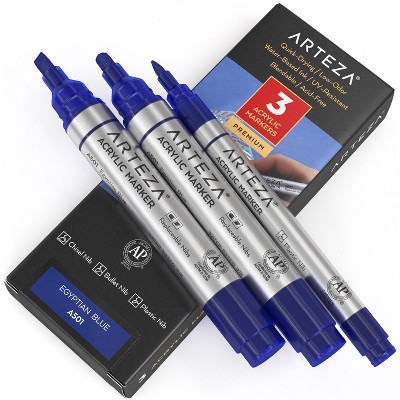 Arteza Acrylic Markers (A501 Egyptian Blue), 2 Big Barrel (chisel+bullet nib) + 1 Small Barrel, Single Color - 3 Pack (A