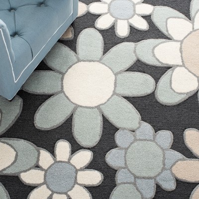 Charcoal and Ivory Floral Hand-Tufted Wool Kids Rug
