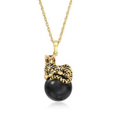Ross-Simons 12mm Black Agate Tiger Pendant Necklace in 18kt Gold Over Sterling With Enamel Size 18