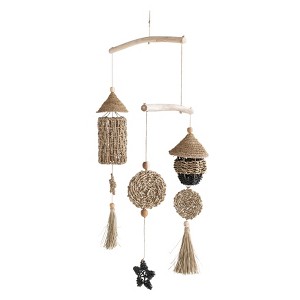 Storied Home 45 Inches Wood and Hand-Woven Seagrass Mobile Wall Hanging, Black and Natural - 1 of 2