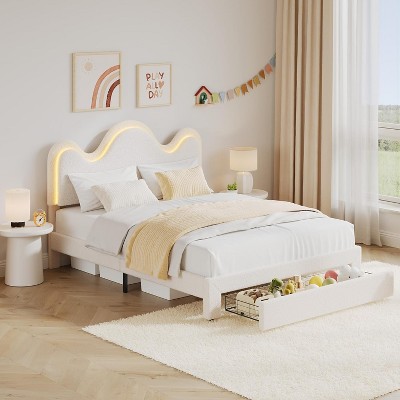 Bed Frame with LED Headboard and Under-Bed Drawer,Metal Upholstered Platform Bed with LED Light for Kids,Lamb Fleece Fabric,No Box Spring Needed