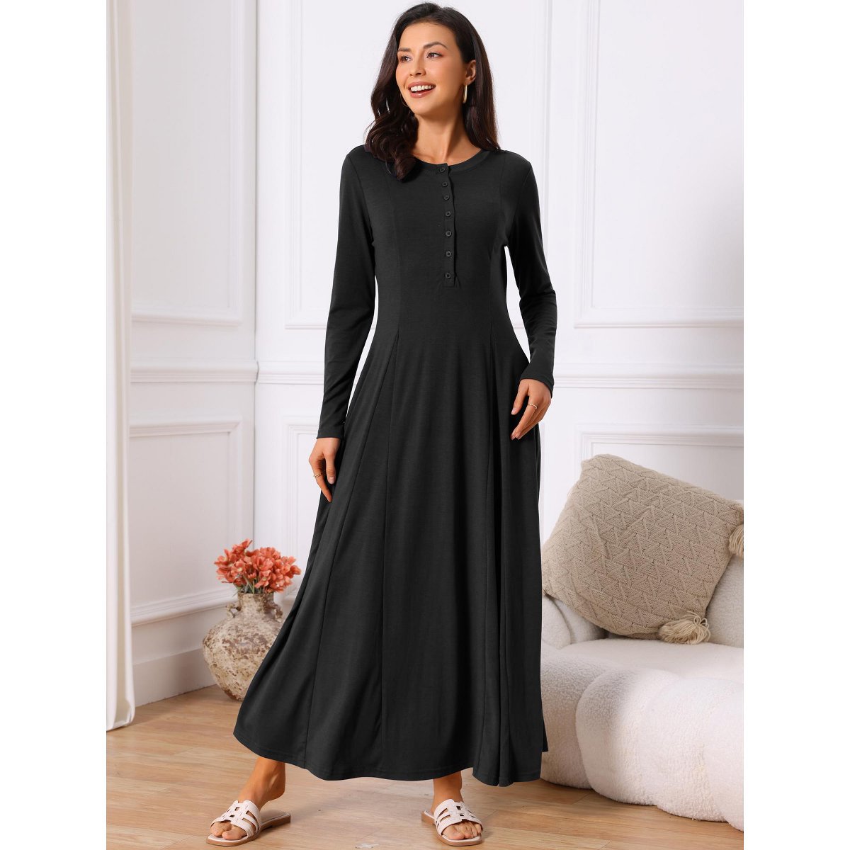 Женские платья INSPIRE CHIC Women's Fall Long Button Down Long Sleeve Flowy A-Line Maxi Dress with Pockets Black Small 2 Packs Black/Deep Blue X-Large — фото 2