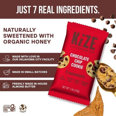 KiZE Chocolate Chip Cookie Gluten Free Energy Protein Bar - 10g Protein - 7.5oz/5ct