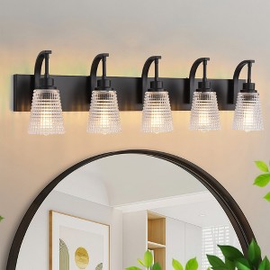 BAOURE 3 Lights Bathroom Vanity Light Fixtures 20.87 Inch Black Bathroom Light Fixture Over Mirror, Modern Vanity Light with Rippled Glass Shades - 1 of 4