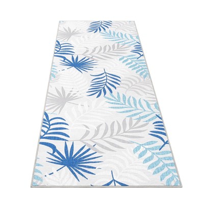 Machine-Washable Foldable Tropical Floral Rug Thin Carpet for Bathroom Living Bedroom Kitchen Non-Slip Shed-Free Fade-Resistant Summer Clean Blue