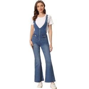 Allegra K Women's Casual Denim V Neck Zip Up Bell Bottom Jeans Jumpsuits - 1 of 4