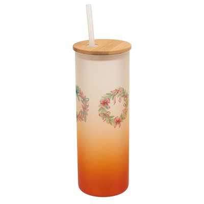 Elanze Designs 25 Ounce Frosted Glass Gradient Travel Tumbler With Straw and Wooden Lid, Christmas Bow Wreaths Orange