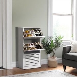 KTMBDW Shoe Storage Cabinet with Flip Drawers Louvered Doors, Hidden Narrow Slim Free Standing Shoe Rack Organizer for Hallway Bedroom, White - 1 of 4