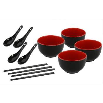 KOVOT Ceramic Serving Bowl Set - Includes (4) 20-Ounce Bowls, (4) Oriental Spoons, (4) Sets Of Chopsticks
