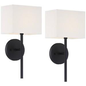 Possini Euro Design Favreau Modern Wall Light Sconces Set of 2 Black Hardwire 8" Fixture Rectangular Linen Shade for Bedroom Reading Living Room House - 1 of 4