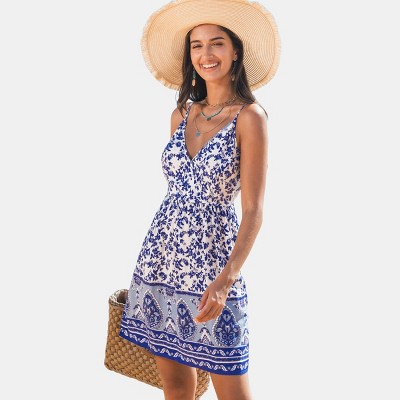 Women's Boho Floral Printed Spaghetti Strap Mini Dress - Cupshe