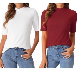 INSPIRE CHIC Women's Half Sleeve Casual Turtleneck Solid Elastic Soft T-Shirts 2 Packs - 1 of 4