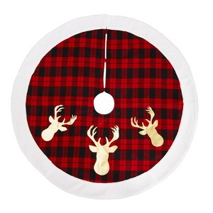 Christmas Tree Skirt, Buffalo Plaid 48 Inch Red & Black Xmas Tree Skirt - Reindeer Design, Faux Fur Pom Pom Trim for Indoor Holiday Party Decorations - 1 of 4