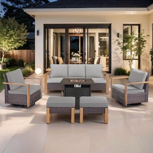 Buenhomino 6 Piece Patio Furniture Set with Fire Pit Table, Outdoor Sectional Conversation Sets Wicker Rattan Sofa with 4'' Thickened Cushion - 1 of 4