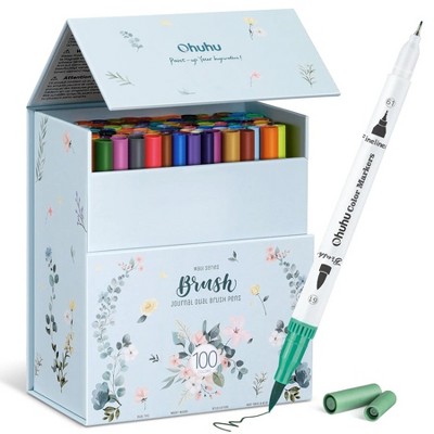 Ohuhu 100ct Brush/Fineliner Dual Tip Water Based Color Markers with White Marker Holder Y30-80400-27