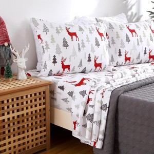 Christmas Sheets, 4-Piece Brushed Microfiber Set, 16" Deep Pocket Fitted Sheet, Flat Sheet & 2 Pillowcases, Winter Holiday Bedding - 1 of 4