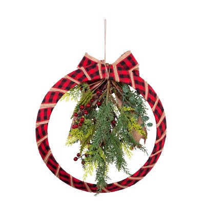 Kurt Adler 18-Inch Fabric Red Plaid Wreath with Foliage