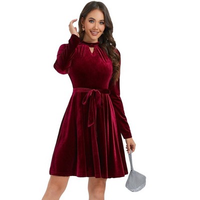 WhizMax Women's Retro Velvet Cocktail Party Dress Long Sleeve dress With Belt