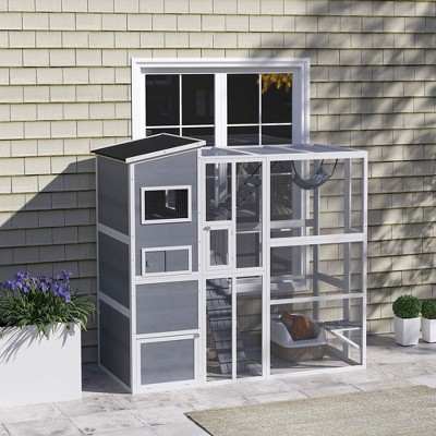 Gray Wooden Outdoor Cat Enclosure with Hammock and Ramps